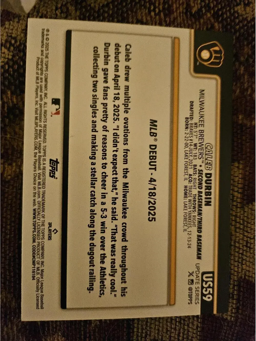 Caleb Durbin (RC) 2025 Topps Update #US59 - Brewers - now Red Sox - RAW Mint - Picture 2 of 2